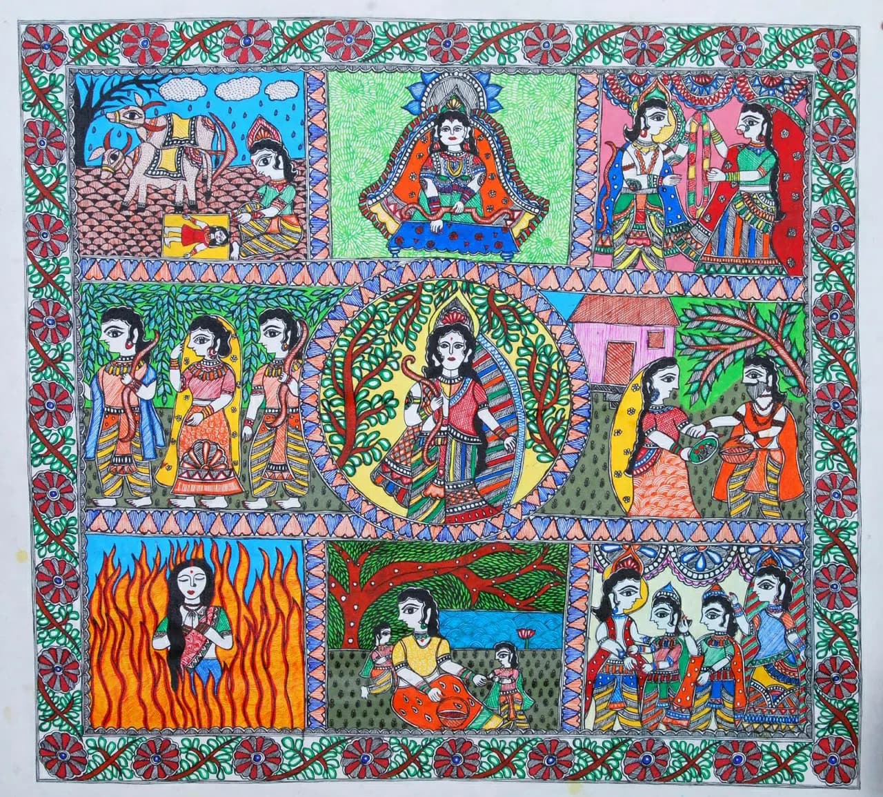 Madhubani Art - Traditional Mithila Painting depicting scenes from Ramayana
